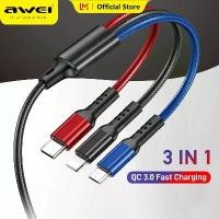 ราคา Awei 3.0A Nylon braid 3 In 1 Quick Fast Charging cable QC 3.0A with Multicolor Lighting Type-C Micro USB A Charging Aluminum alloy cable 1.2M Suitable For All Mobiles Phone iPhon (1734143070217864952)