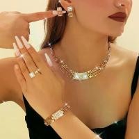 ราคา Antique bohemian jewelry set 14K gold plated zinc alloy with crystal and rhinestone ornaments March birth rings, Elegant necklace, bracelet, earrings and rings set, suitable for (1733872499702531374)