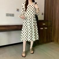 ราคา Shipped, real photo of plus-size women's cotton-linen loose-fitting polka dot dress with three-quarter sleeves, A-line skirt, M-4XL 100kg (1734683401264071681)