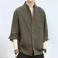ราคา Summer Stand Collar Shirt Men's Cotton and Linen Three-Quarter Sleeve Shirt Japanese-Style Retro Loose Men's Elbow-Sleeved Top Korean Style Trendy Casual (1734017522259297801)