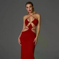 ราคา Sexy Off-Shoulder Halter Dress - Metal Ring Buckle Cutout Wrap Long Dress (1734261978545686448)