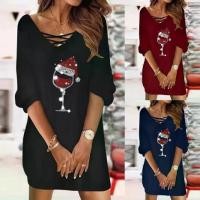 ราคา 2025 Independent Station Autumn New Women's Christmas Wine Glass Print Pullover Long Sleeve Dress (1733483213110346844)