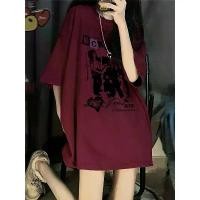 ราคา Short-sleeved T-shirt, wine red, American retro style, for women, new summer design, letter print, suitable for couples, versatile and trendy hip-hop street fashion short-sleeved T-shirt. (17337525211