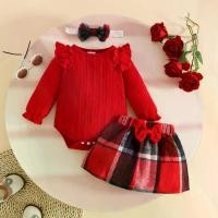 ราคา Spring and Autumn Baby + Plaid Bowknot Skirt + Headband Three-Piece Set with Flutter Sleeve Design Top and Skirt Set (1733194339477980847)
