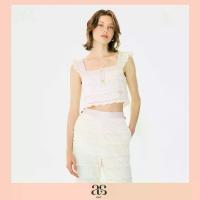 ราคา [asv aw25] Lulu Cropped Blouse เสื้อผู้หญิง ผ้าลูกไม้ยืด คอเหลี่ยม แขนกุด แต่งระบาย สาบเสื้อโปโล แต่งกระดุมทองด้านหน้า (1732643196903065296)