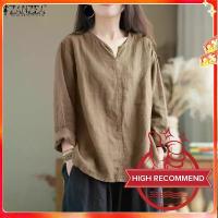 ราคา ZANZEA Women's Vintage Cotton Long Sleeve V-Neck Split Tops Bohemian Holiday Solid Blouse #8 (1733097008962569550)