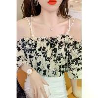 ราคา Off-Shoulder Short Sleeve Thin Summer New French Style Off-Shoulder Blouse for Women Sweet Puff Sleeve Floral Camisole Top (1733940333803504844)