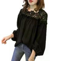 ราคา Chiffon Blouse Women Long Sleeve 2025 New Spring Autumn Loose Korean Style Short Fashionable Black Hollow Lace Top (1733967157825471606)