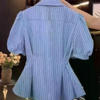ราคา Design Sense Striped Short Sleeve Shirt Summer Plus Size Slimming Waist V-Neck Blouse Puff Sleeve Half Sleeve Top (1733937927598474736)