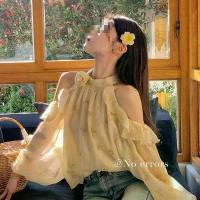 ราคา Plus Size French Style Three-Dimensional Flower Long Sleeve Chiffon Blouse for Women Summer Loose Ruffled Off-Shoulder Halter Top (1733838683216119025)