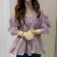 ราคา Fashion Off-Shoulder Chiffon Blouse for Women, Summer New Loose Plus Size Stylish Blouse, Age-Reducing Versatile Shirt Top (1733839416343692929)