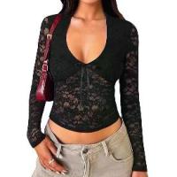 ราคา 2026 Spring Summer European American Y2K Sexy Style Slim Hollow Long Sleeve Lace-Up Lace Blouse V-Neck Top เสื้อ คาเฟ่ (1733602326895625335)