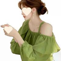ราคา Green Off-Shoulder Long Sleeve Chiffon Blouse for Women Plus Size Slimming Belly-Covering Shirt with Unique Design (1733837823979521265)