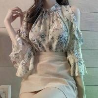 ราคา Plus Size Summer French Floral Ruffle Off-Shoulder Chiffon Blouse for Women Loose Versatile Top Off-Shoulder Shirt (1733844866391966961)