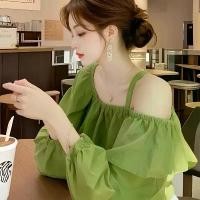 ราคา Green Off-Shoulder Long-Sleeve Chiffon Blouse for Plus-Size Women Loose-Fit Unique Beautiful Dopamine-Boosting Youthful Top (1734350890962224916)