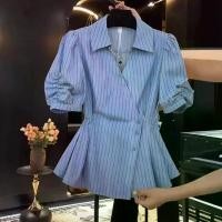 ราคา Design Sense Striped Short Sleeve Shirt Summer Plus Size Slimming Waist V-Neck Blouse Puff Sleeve Half Sleeve Top (1733554683001341910)