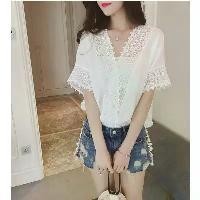 ราคา Summer Korean Version New Loose White Lace Chiffon Blouse Women Short Sleeve Solid Color Hollow V-neck Chiffon Top (1733338223757329502)