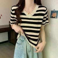 ราคา Ice Silk Striped Short Sleeve T-Shirt for Women Summer 2025 New Ruffled V-Neck Top Short Fashionable Knitted Blouse (1733825267689227639)