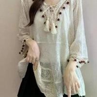 ราคา 2025 Summer New Bohemian Style Lace Embroidery V-neck Chiffon Blouse for Women Plus Size Seven-quarter Sleeve Top (1733814290904024439)