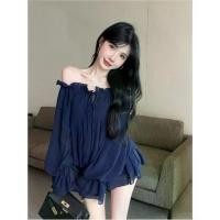 ราคา Pure Desire Style Versatile Petal Layered Off-Shoulder Drawstrig Chiffo Blouse Wome's Oe-Shoulder Mesh Log Sleeve Top (1734293421985989674)