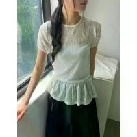 ราคา Summer Korean Japanese Style Y2K Cute Star Pentagram Soft Lace Hollow Out Short Sleeve Drawstring Hem Long Top Blouse (1734468613943297302)