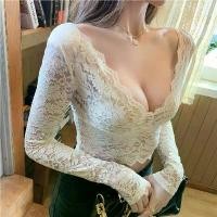 ราคา Fashionable autumn and winter new style lace top, black mesh V-neck long-sleeve chiffon blouse for women (1734690100041647740)