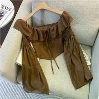 ราคา Off-the-shoulder blouse, solid color, ruffled, for women, suitable for summer, with pearls, beautiful design, halter neck, elegant, long sleeve, short blouse. (1733683650834630383)