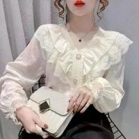 ราคา 2025 Spring and Autumn Elegant Chiffon Blouse for Women, Trendy Long Sleeve Lace Trim Fashionable Base Shirt (1732993532569879771)