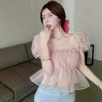 ราคา Sweet Off-Shoulder Top 2024 New Summer Hot Girl Slimming French Puff Sleeve Off-Shoulder Short Sleeve Chiffon Blouse (1733889004282415086)