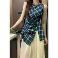 ราคา French Retro Blue Plaid Round Neck Vest Blouse Women's Unique Stylish Spicy Girl Slim Split Sleeveless Top Summer (1734573034642179614)