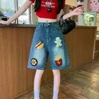 ราคา Stylish and versatile, American-style trendy denim shorts with hamburger and fries embroidery for women, summer loose-fitting shorts 2026 new trendy product (1734713401546606311)
