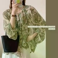 ราคา 2023 Early Autumn New Green Oil Painting Retro Chiffon Lantern Sleeve Loose Women's Top Doll Shirt Blouse (1733634311744816346)