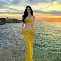 ราคา 2026 Women's Bikini Swimsuit New Ginger Yellow Floral Design Beach Sexy Vacation Style Three-Piece Set with Cover-Up for Hot Springs (1734651370774562072)