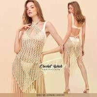 ราคา Swimsuit Cover-Up เสื้อสายเดี่ยวผูกคอ เสื้อคลุมชุดว่ายน้ำ เสื้อถักลูกไม้นิ่มแต่งพู่ (1734707332247291249)