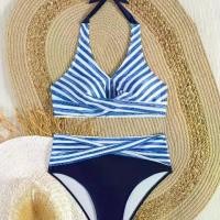 ราคา Blue and White Striped Halter Bikini Swimsuit for Women High Waist Cross Stitching Vacation Two-Piece Swimsuit for Women Hot Spring Vacation (1733471888312534546)