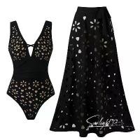 ราคา 2026 black one-piece swimsuit set, women V-neck swimwear with long skirt, women's outdoor sports bikini set (1733991501751747851)