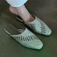 ราคา Silver Woven Soft Sole Closed-Toe Slippers for Women, Square Toe Flat Hollow Out Outdoor Lazy Summer Mules (1733319725873988633)