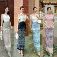 ราคา พร้อมส่งชุดเซทผ้าไทย ชุดไทย ใส่ทำบุญ เสื้อ+กระโปรง ผ้าถุงสำเร็จรูป (1734578711768237417)