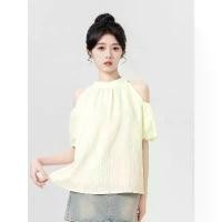 ราคา Apricot Halter Neck Short Sleeve Shirt for Women, New Summer Design, French Style Puff Sleeve T-Shirt, Off-Shoulder Top (1733599103611209474)