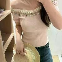 ราคา Apricot Korean Style Off-Shoulder Heavy Knit Short Sleeve T-Shirt for Women 2025 Summer New Beaded Tassel Stunning Top (1733845758921311535)