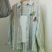 ราคา Contrast Color Blue Striped Embroidered Shirt Texture Super Good All-Match Bandage Dress Lapel Mid-Length Pure Cotton Shirt Women's Top (1733764251061749037)