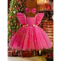 ราคา ' Sparkling Star & Bow Party Dress with Hair Clip - Fluffy Tulle, Starry Night Print A-Line for, Christmas, Dance Recitals - All-Season Lightweight Dress & (No Elasticity) ผู้หญิง (1733570420079953764