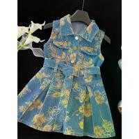 ราคา Sleeveless Denim Dress for Girls with a Stylish Floral Collar, Perfect for Summer (Includes a Belt) (1734096480097109913)