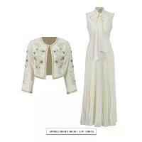 ราคา High-end elegance, fashionable and versatile, vintage court style, heavy-duty diamond-embellished two-piece embroidered jacket and slim-fit sleeveless dress set for women, autumn 2026 new style dress 