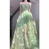 ราคา Forest-style light green princess-style evening dress for women, light luxury niche high-end feel with three-dimensional butterflies, birthday party dress (1734805603367618163)