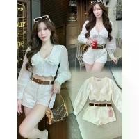 ราคา Set 3 ชิ้น เสื้อ + กางเกง + เข็มขัด เสื้อครอปลูกไม้แขนยาว ขายร้อน (1735245002134357192)
