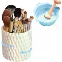 ราคา YLYZ Makeup Brush Holder with Cleaning Bowl, Makeup Brush Organizer Cosmetic Display Cases, Hair Brush Holder for Vanity, White (1734848731821606012)