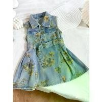 ราคา Girls' Sleeveless Faux Denim Dress| Summer New Korean Fashion Floral Print Collar Waist Vest Dress with Slight Stretch Fabric (1734297000788199321)