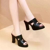 ราคา Women's Sandals 9cm High Heels, High Heels, Thick Heels, Medium Thick Heels [Black / Red] Open Strap Sandals High Heel Sandals (1733821372779562289)