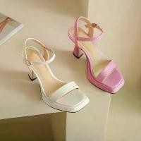 ราคา 2025 Summer Thick-Soled Women's High Heels, One-Strap Fashion Square-Toe High Heels, Chunky Heel Waterproof Platform Barbie Pink Sandals 9cm, Sexy High Heels for Women (1733318728113424170)
